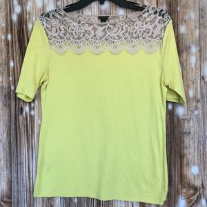 Ann Taylor Yellow & Cream Lace 1/4 Sleeve Top